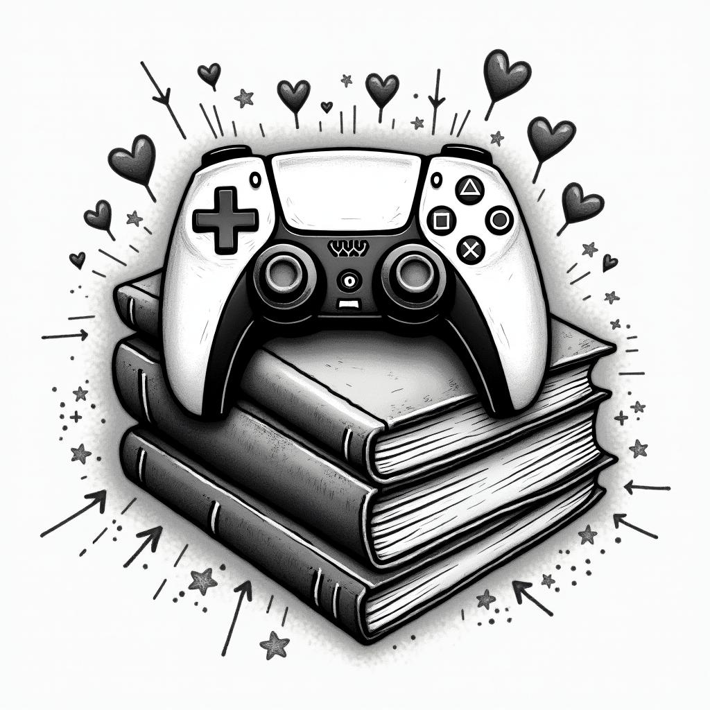 PS5 controller laying on top of a pile of books surrounded by magicin graffiti style tattoo, featuring bold and dynamic street art elements, spray-paint texture with exaggerated lines and expressive, chaotic brushstrokes, intricate lettering incorporated with graffiti tags, symbols like hearts, stars, and wings - Variation 3