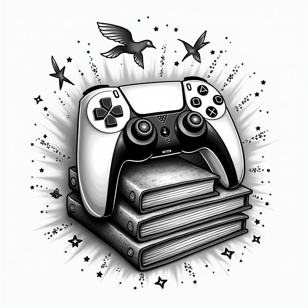 PS5 controller laying on top of a pile of books surrounded by magicin graffiti style tattoo, featuring bold and dynamic street art elements, spray-paint texture with exaggerated lines and expressive, chaotic brushstrokes, intricate lettering incorporated with graffiti tags, symbols like hearts, stars, and wings - Variation 2