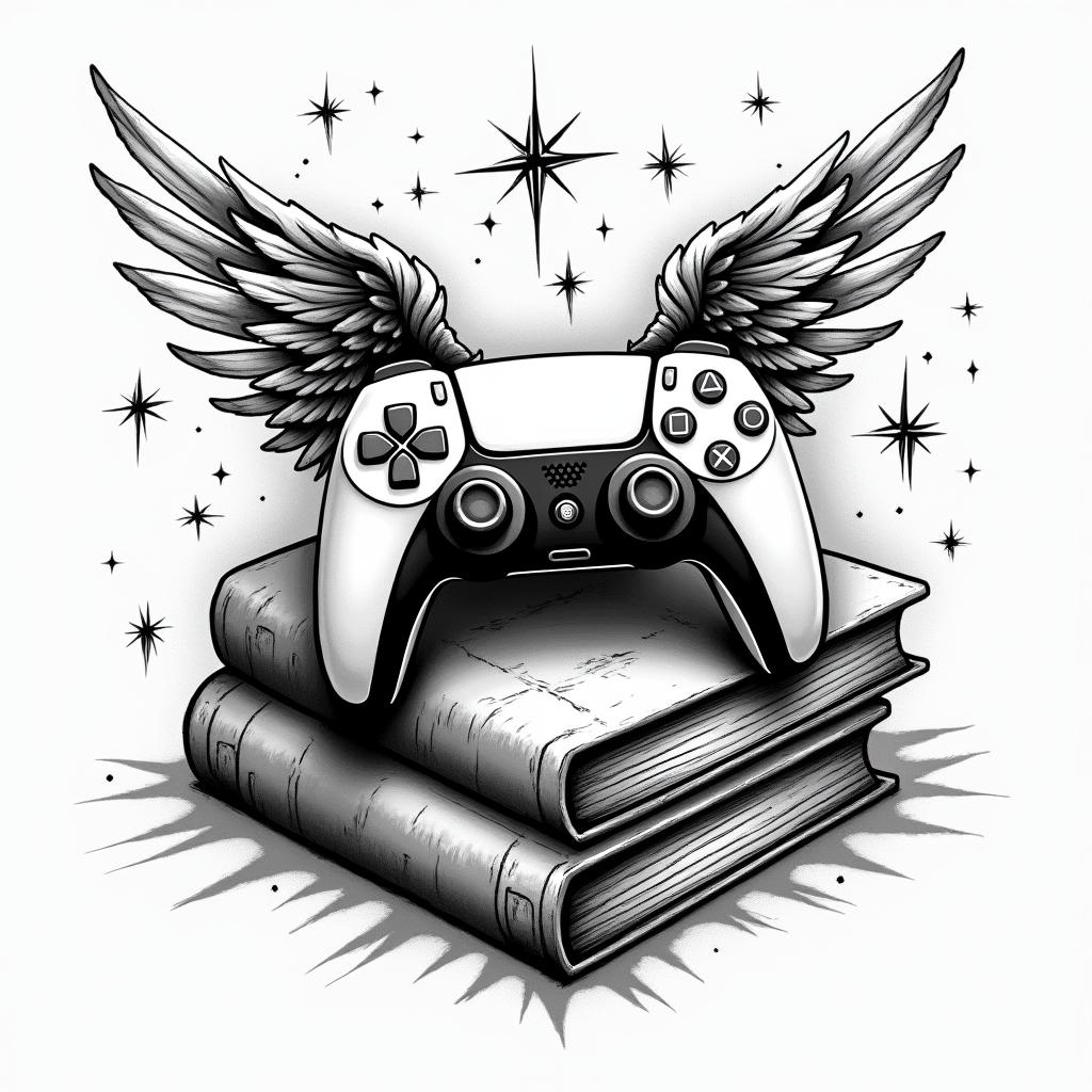PS5 controller laying on top of a pile of books surrounded by magicin graffiti style tattoo, featuring bold and dynamic street art elements, spray-paint texture with exaggerated lines and expressive, chaotic brushstrokes, intricate lettering incorporated with graffiti tags, symbols like hearts, stars, and wings