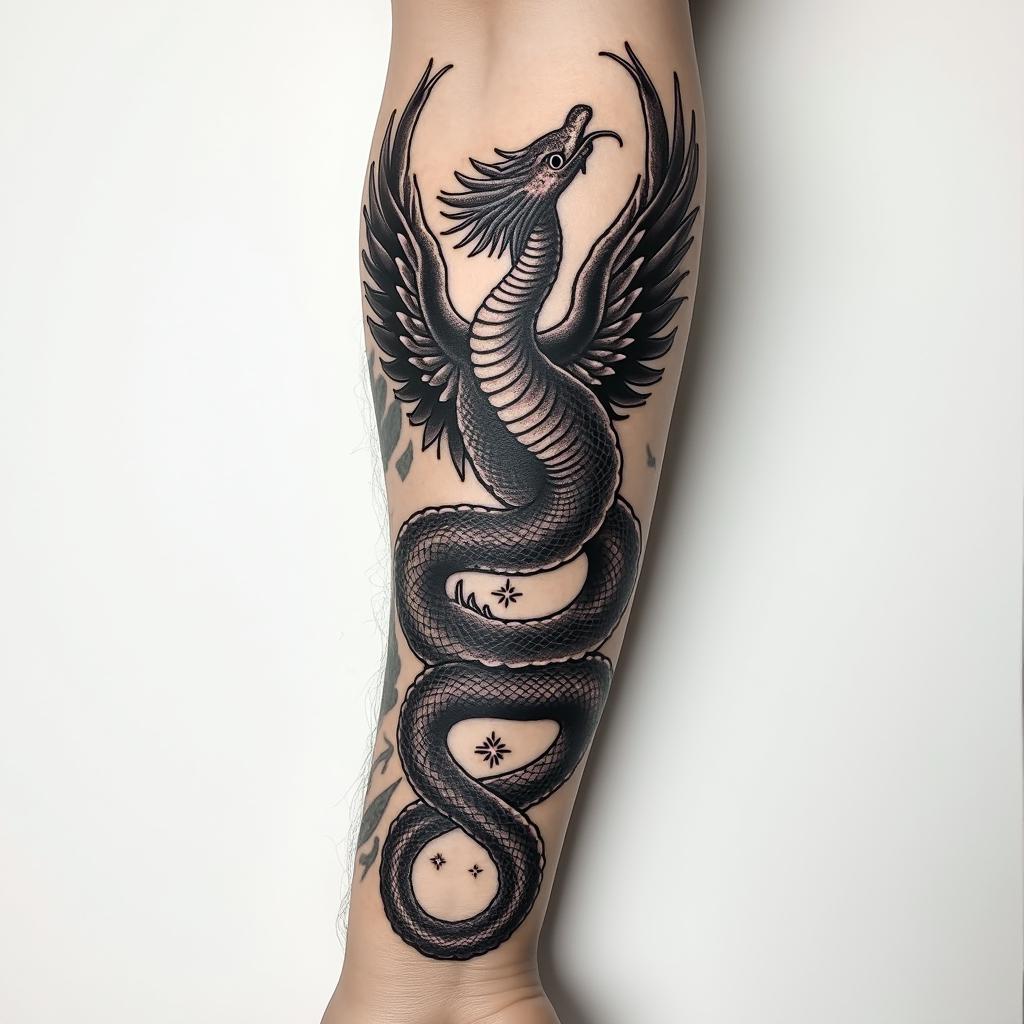 Snake and Phoenix forearm tattooshigly detailed tattoo