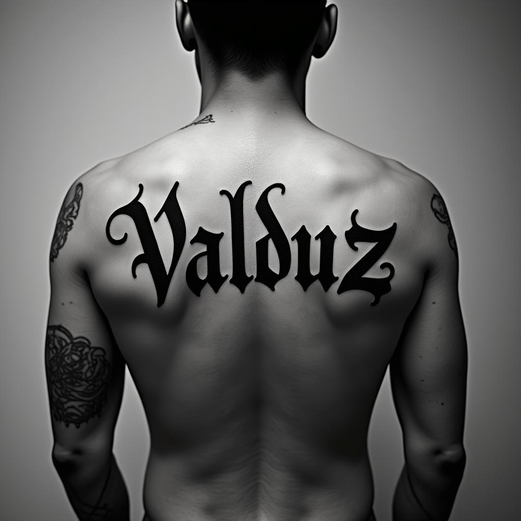 VALDUZtext-based tattoo, gothic font ultra-realistic, perfectly placed, high-quality font design, photo-realistic shading, 8k, high quality, finely detailed typography - Variation 3