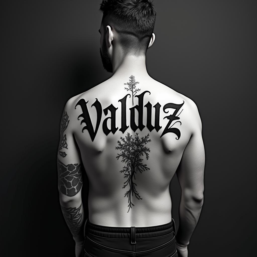 VALDUZtext-based tattoo, gothic font ultra-realistic, perfectly placed, high-quality font design, photo-realistic shading, 8k, high quality, finely detailed typography