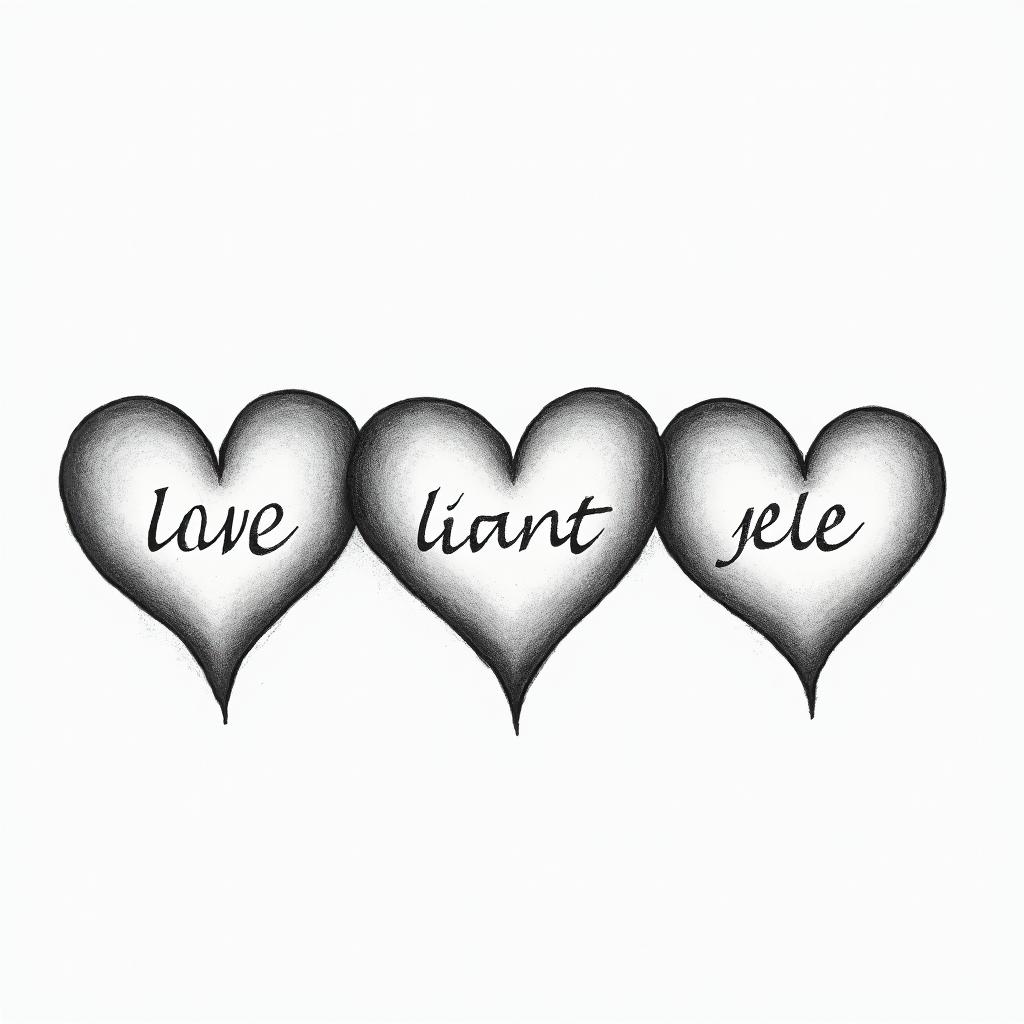 Three hearts drawn horizontally, with the middle heart being larger, allowing for letters to be written inside them.higly detailed tattoo