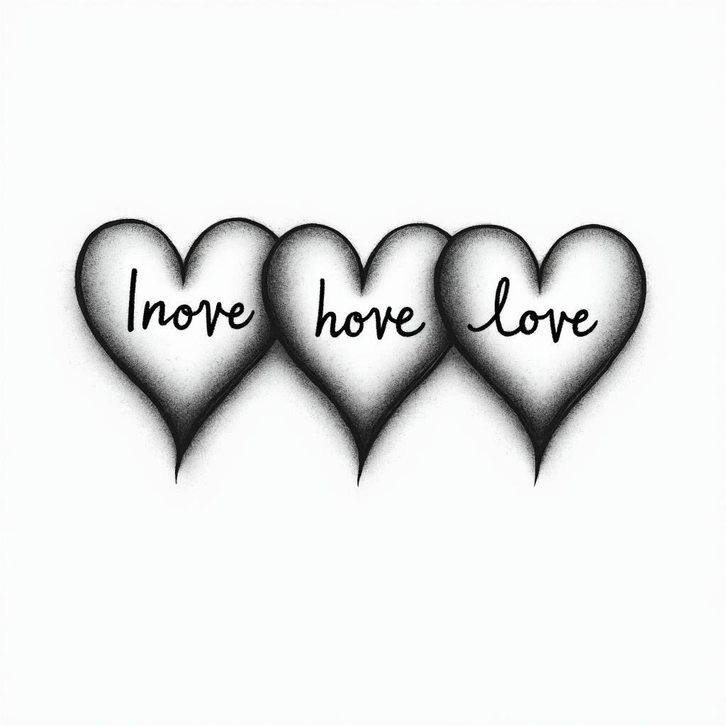 Three hearts drawn horizontally, with the middle heart being larger, allowing for letters to be written inside them.higly detailed tattoo - Variation 4