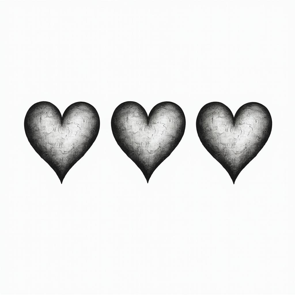 Three hearts drawn horizontally, with the middle heart being larger, allowing for letters to be written inside them.higly detailed tattoo - Variation 2