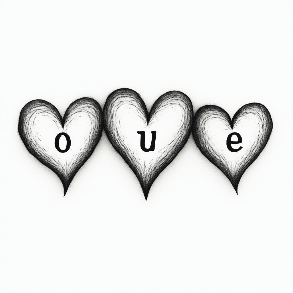 Three hearts drawn horizontally, with the middle heart being larger, allowing for letters to be written inside them.higly detailed tattoo - Variation 3