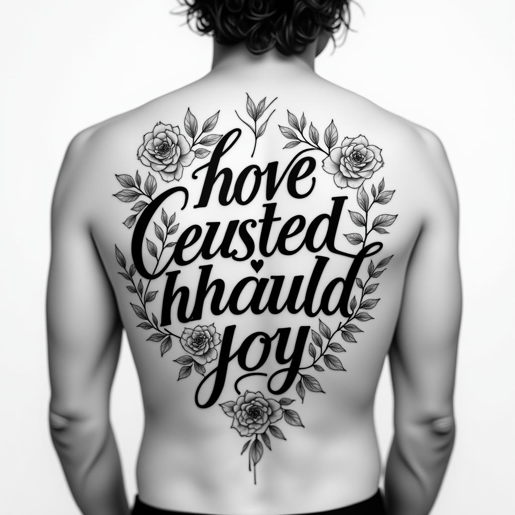 Tribal half bodyin elegant cursive calligraphy style 2d tattoo, decorate with roses, featuring a smooth and flowing handwritten script with slightly thickened strokes for a luxurious and bold appearance, heart symbol between names, sleek and glossy black text with shadowing, minimalist matte white background, clean and sharp edges, illuminated with soft lighting, romantic, 8k, high-quality textures with refined typography