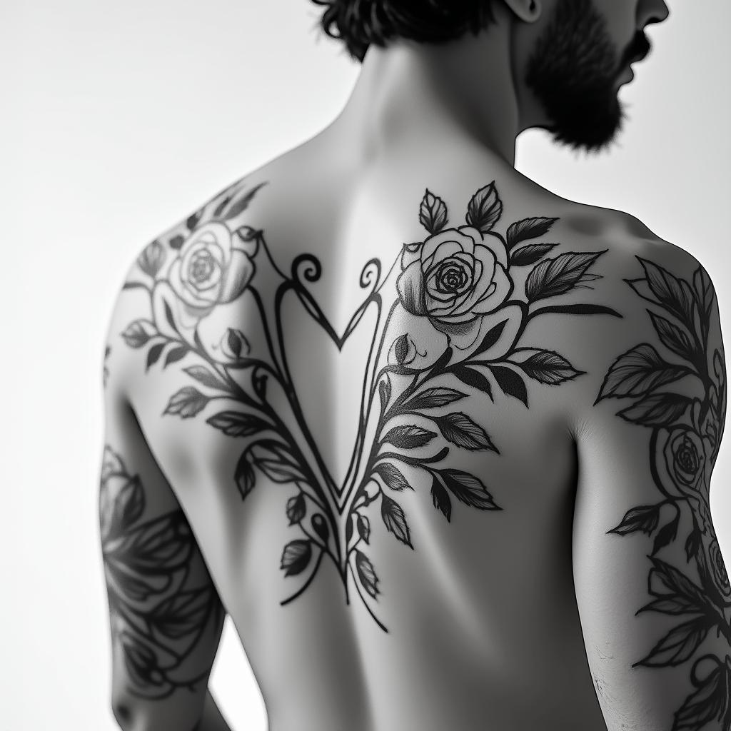 Tribal half bodyin elegant cursive calligraphy style 2d tattoo, decorate with roses, featuring a smooth and flowing handwritten script with slightly thickened strokes for a luxurious and bold appearance,  heart symbol between names,  sleek and glossy black text with shadowing, minimalist matte white background, clean and sharp edges, illuminated with soft lighting, romantic, 8k, high-quality textures with refined typography - Variation 2