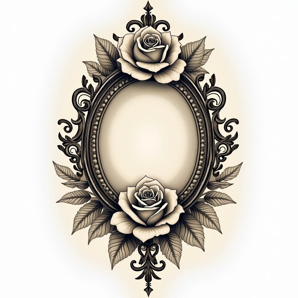 09/25/1990 Librain victorian style tattoo, featuring vintage and elegant elements, ornate frames, roses, antique, sepia-toned color scheme - Variation 5