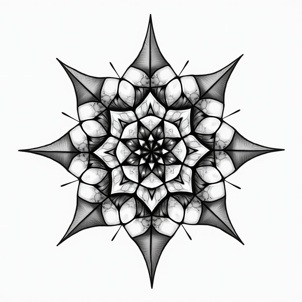 άδελφή  in geometric style tattoo, blending hexagons, mandala-inspired patterns, symmetrical and fractal design, clean lines, sharp angles - Variation 2