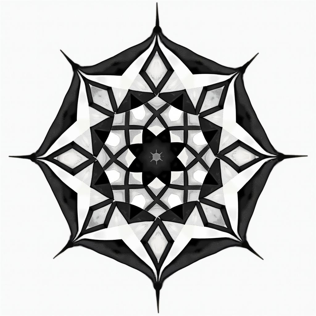 άδελφή  in geometric style tattoo, blending hexagons, mandala-inspired patterns, symmetrical and fractal design, clean lines, sharp angles