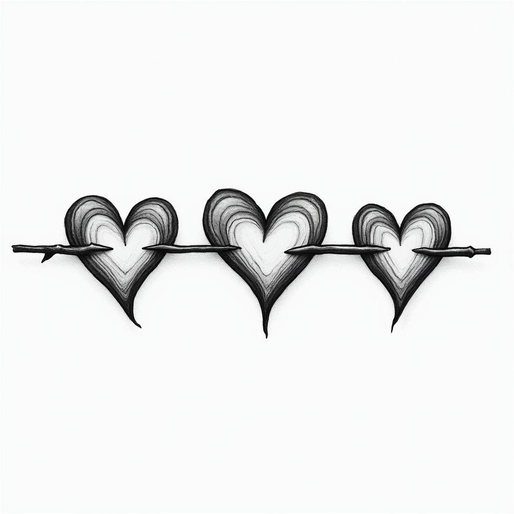 Three hearts drawn horizontally, with the middle heart being slightly larger and the possibility of writing letters inside them.higly detailed tattoo - Variation 6