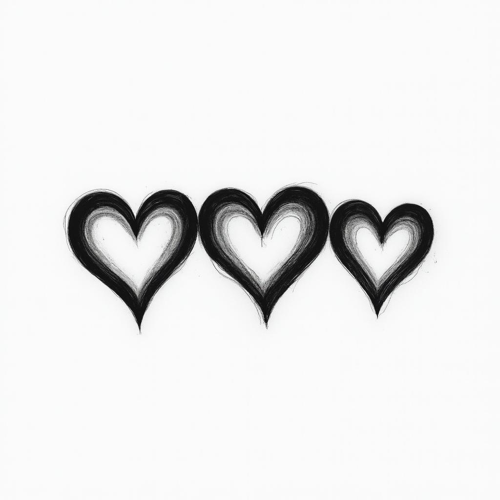 Three hearts drawn horizontally, with the middle heart being slightly larger and the possibility of writing letters inside them.higly detailed tattoo - Variation 3