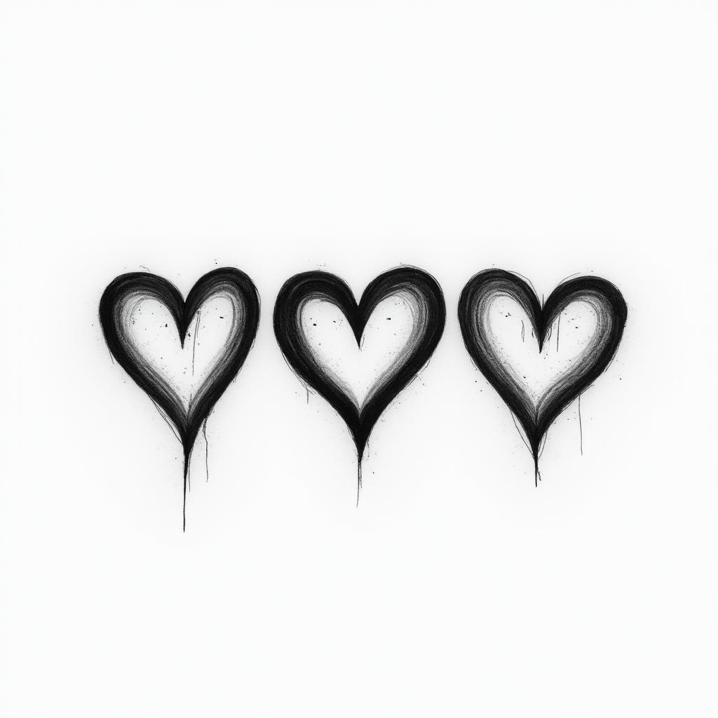 Three hearts drawn horizontally, with the middle heart being slightly larger and the possibility of writing letters inside them.higly detailed tattoo - Variation 2
