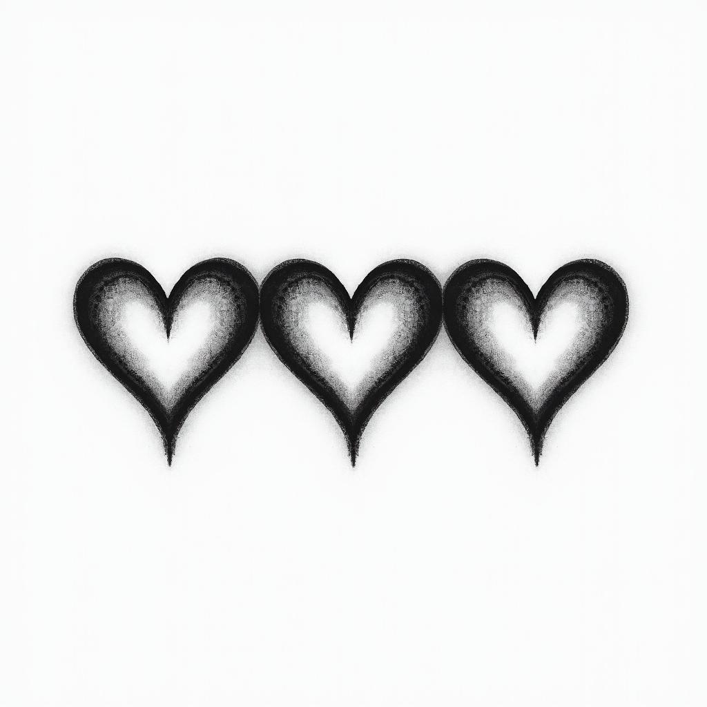 Three hearts drawn horizontally, with the middle heart being slightly larger and the possibility of writing letters inside them.higly detailed tattoo