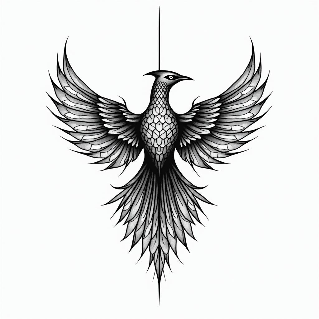 Phoenix minimalist tattoo in geometric style tattoo, blending hexagons, mandala-inspired patterns, symmetrical and fractal design, clean lines, sharp angles - Variation 4