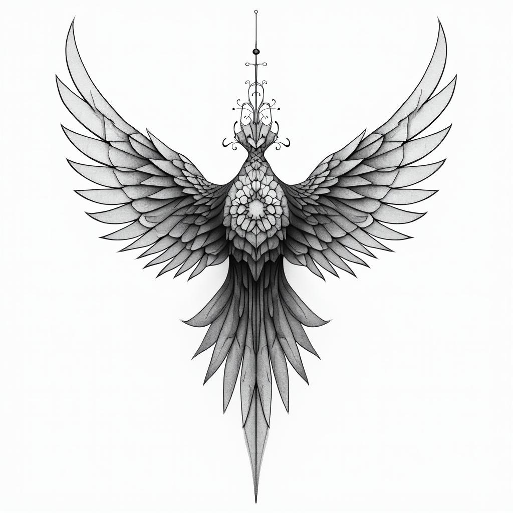 Phoenix minimalist tattoo in geometric style tattoo, blending hexagons, mandala-inspired patterns, symmetrical and fractal design, clean lines, sharp angles - Variation 3