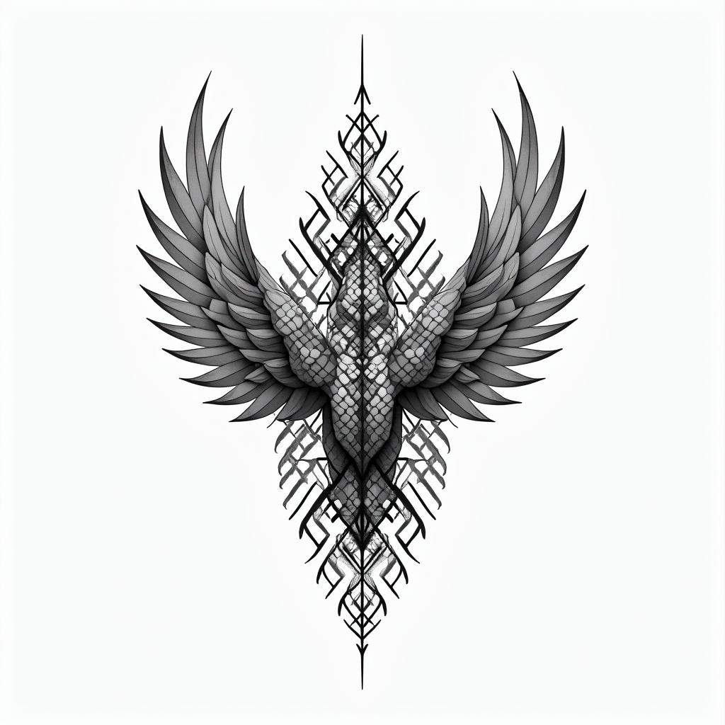Phoenix minimalist tattoo in geometric style tattoo, blending hexagons, mandala-inspired patterns, symmetrical and fractal design, clean lines, sharp angles - Variation 2