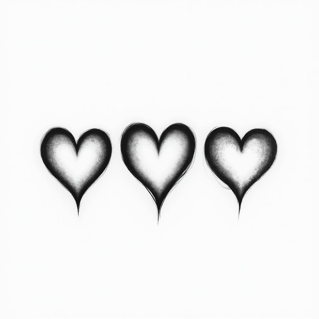 Three hearts drawn horizontally, with the middle heart slightly larger and the possibility of writing letters inside them.higly detailed tattoo