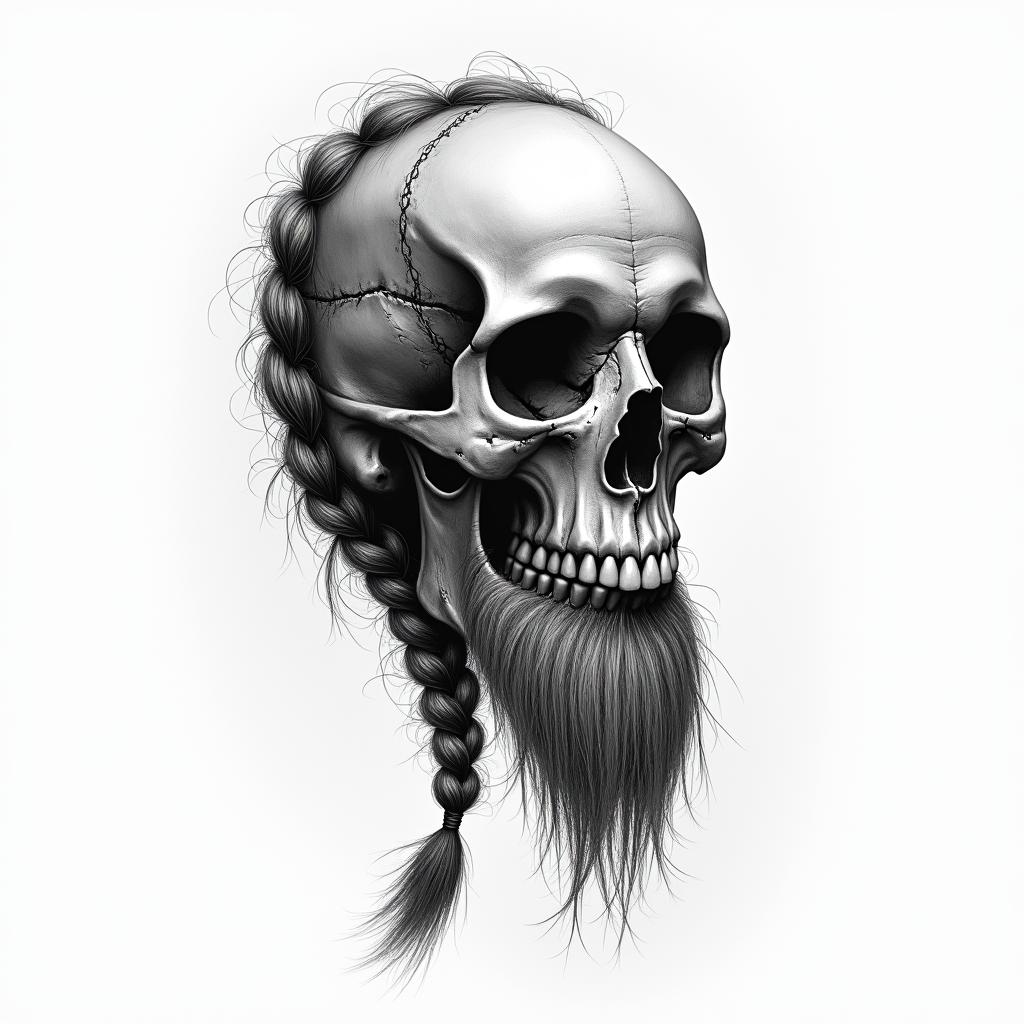 Skull skewered sideways with braid and beardhigly detailed tattoo - Variation 2