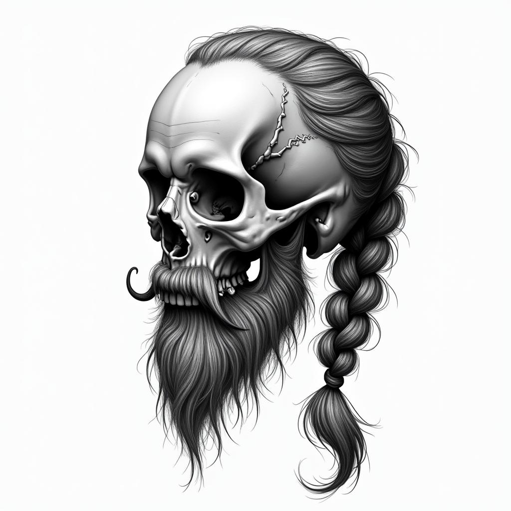 Skull skewered sideways with braid and beardhigly detailed tattoo - Variation 4