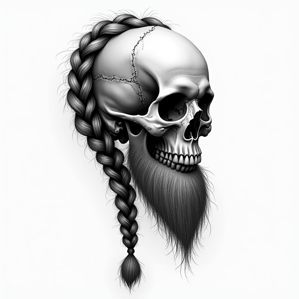Skull skewered sideways with braid and beardhigly detailed tattoo - Variation 3