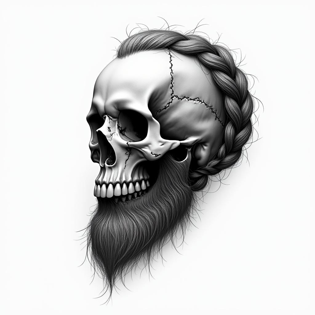 Skull skewered sideways with braid and beardhigly detailed tattoo