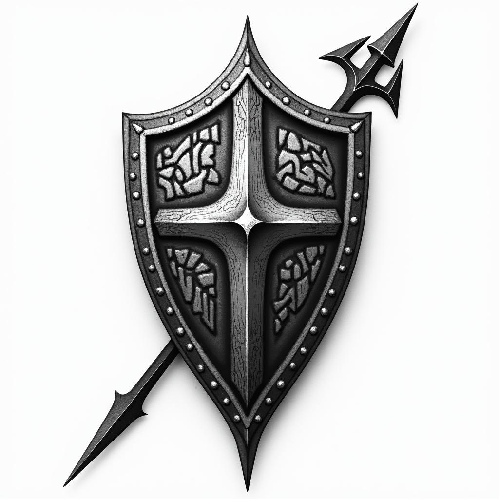 A modern interpretation of a Viking shield wall tattoo, featuring a detailed shield and spear, symbolizing protection and brotherhood. The design incorporates elements of strength, perhaps with dynamic lines and contemporary patterns reflecting the Viking theme. Use a bold color palette with textures that evoke a sense of history and unity, possibly including abstract representations of strength and camaraderie to emphasize the connection among warriors.higly detailed tattoo - Variation 2