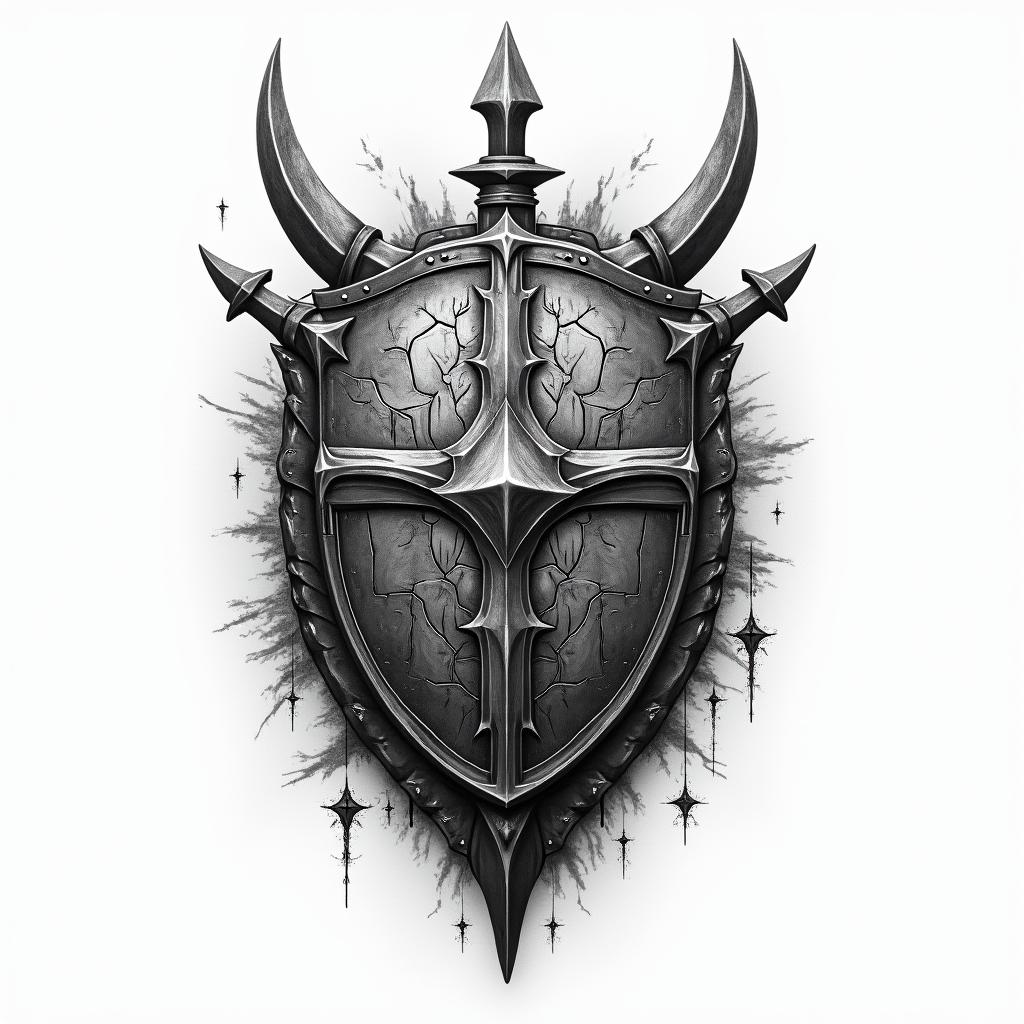 A modern interpretation of a Viking shield wall tattoo, featuring a detailed shield and spear, symbolizing protection and brotherhood. The design incorporates elements of strength, perhaps with dynamic lines and contemporary patterns reflecting the Viking theme. Use a bold color palette with textures that evoke a sense of history and unity, possibly including abstract representations of strength and camaraderie to emphasize the connection among warriors.higly detailed tattoo - Variation 4