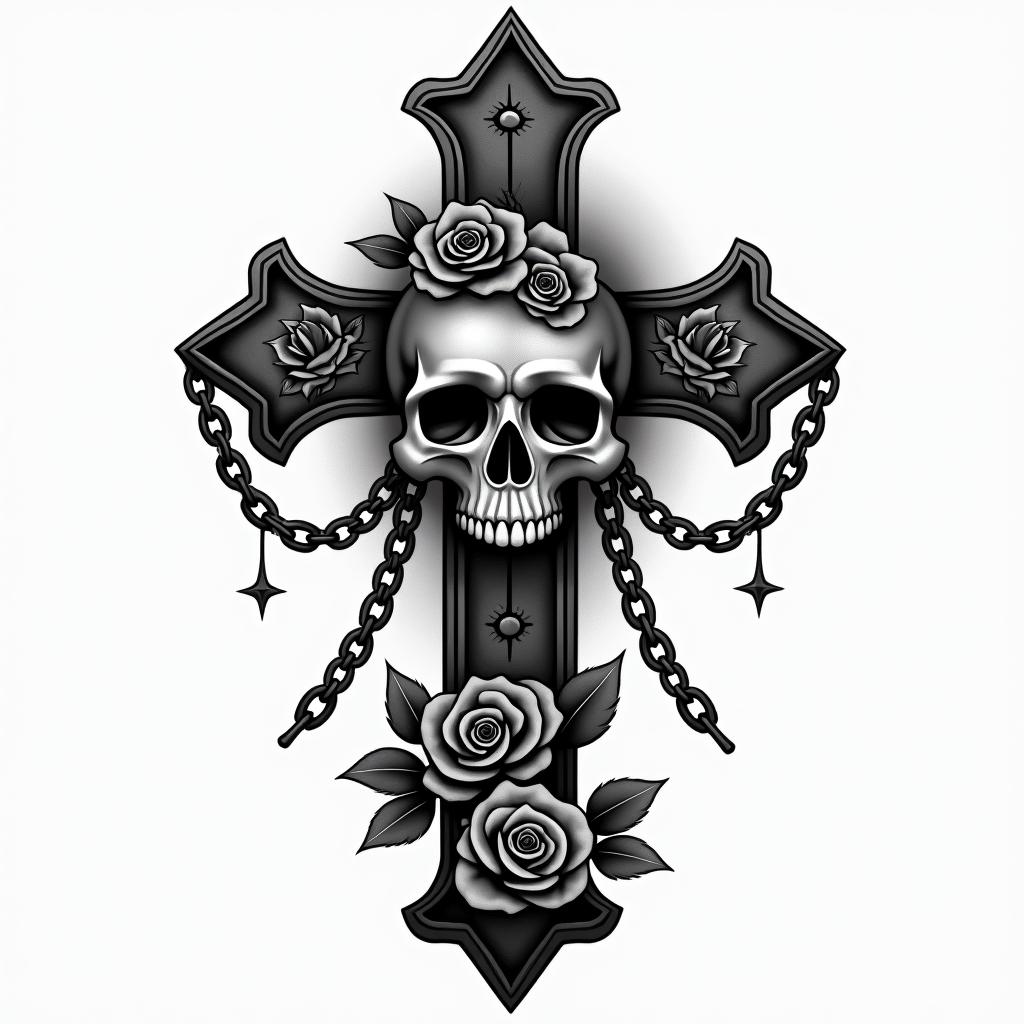 native americanin chicano style tattoo, featuring intricate black and grey shading, bold elements of traditional chicano culture symbols, add a big cross with skull, chains and roses