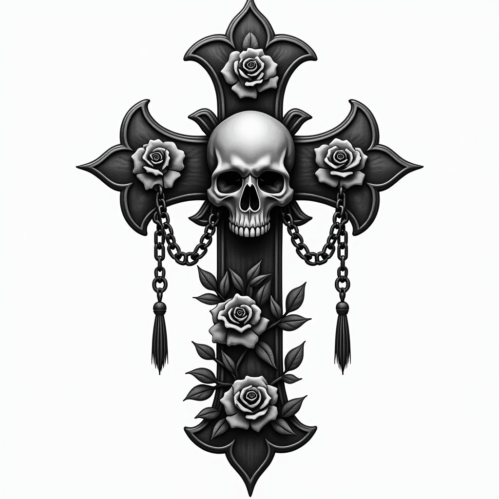 native americanin chicano style tattoo, featuring intricate black and grey shading, bold elements of traditional chicano culture symbols, add a big cross with skull, chains and roses - Variation 4