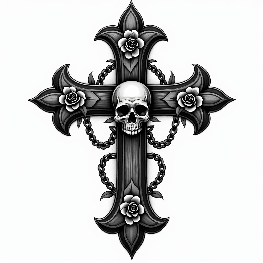 native americanin chicano style tattoo, featuring intricate black and grey shading, bold elements of traditional chicano culture symbols, add a big cross with skull, chains and roses - Variation 2