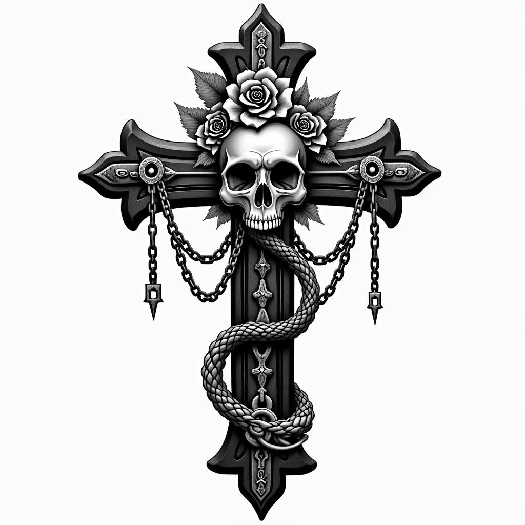 native americanin chicano style tattoo, featuring intricate black and grey shading, bold elements of traditional chicano culture symbols, add a big cross with skull, chains and roses - Variation 3