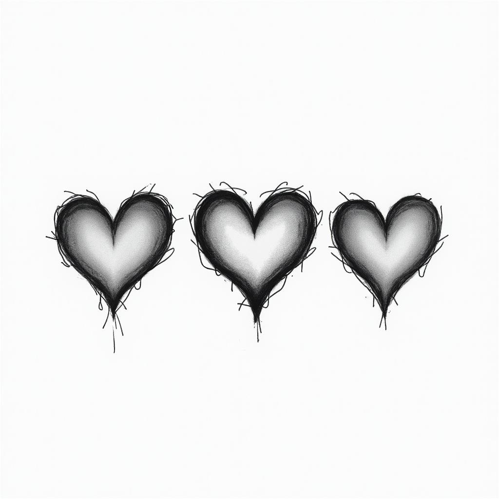 A heartbeat drawing with three hearts drawn horizontally, where the middle heart is slightly larger with the possibility of writing letters inside them.higly detailed tattoo - Variation 3