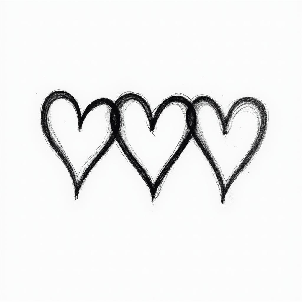 A heartbeat drawing with three hearts drawn horizontally, where the middle heart is slightly larger with the possibility of writing letters inside them.higly detailed tattoo