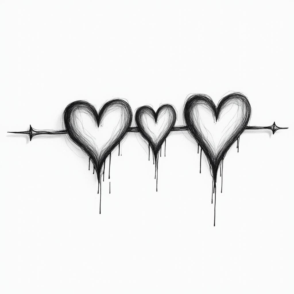 A heartbeat drawing with three hearts drawn horizontally, where the middle heart is slightly larger with the possibility of writing letters inside them.higly detailed tattoo - Variation 2