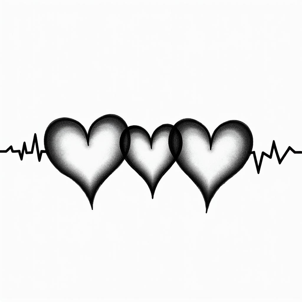 A heartbeat through three hearts drawn horizontally, with the middle heart slightly larger and the possibility of writing letters inside them.higly detailed tattoo - Variation 3