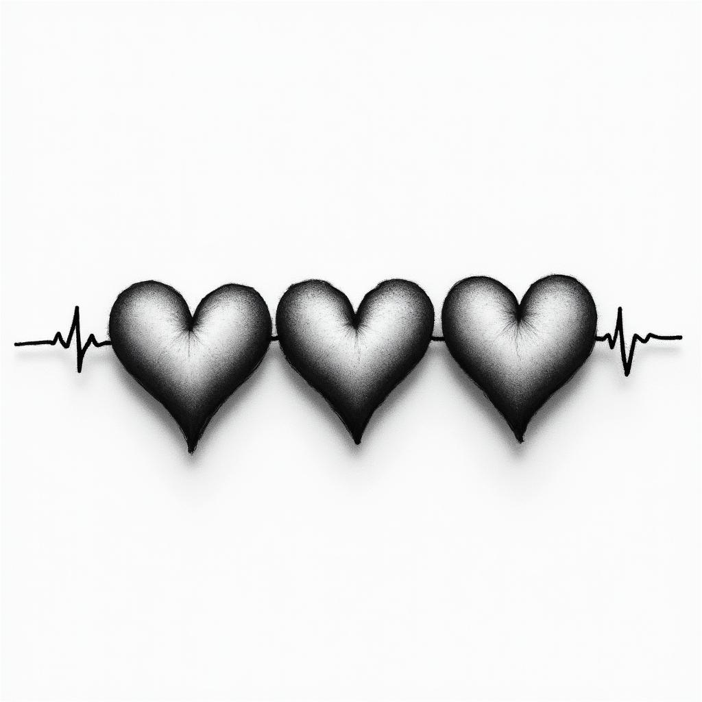 A heartbeat through three hearts drawn horizontally, with the middle heart slightly larger and the possibility of writing letters inside them.higly detailed tattoo - Variation 2