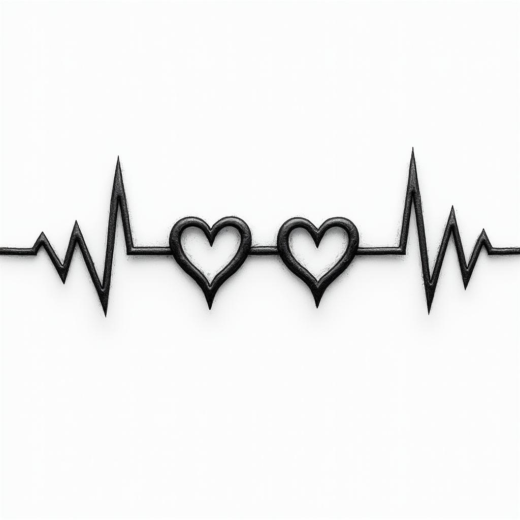A heartbeat through three hearts drawn horizontally, with the middle heart slightly larger and the possibility of writing letters inside them.higly detailed tattoo