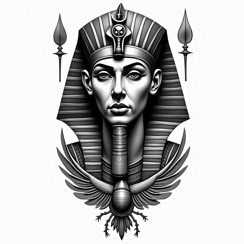Fighting spiritin egyptian style tattoo, bold elements of ancient egyptian culture including a portrait of an Egyptian pharaoh with detailed facial features, in hieroglyphs and symbolic imagery, eye of horus, ankh symbol, scarab beetle