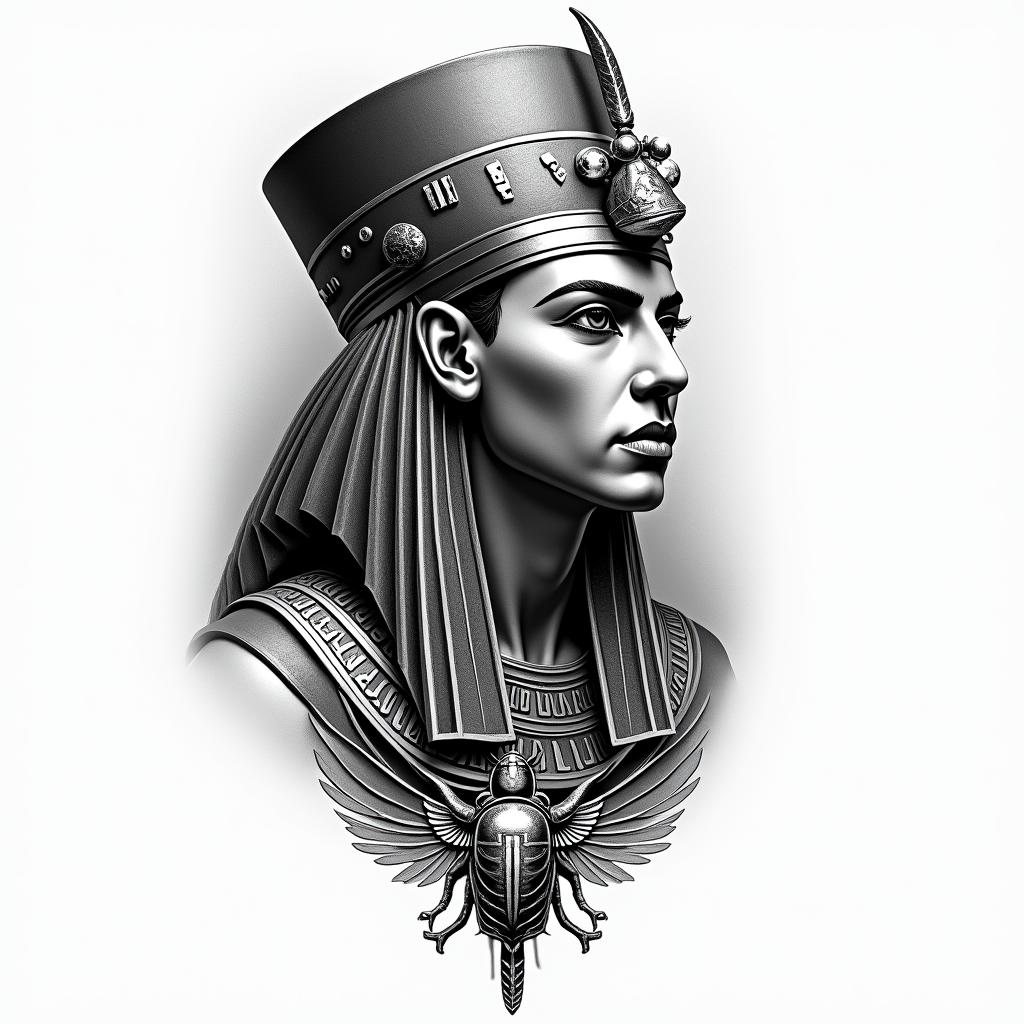 Fighting spiritin egyptian style tattoo, bold elements of ancient egyptian culture including a portrait of an Egyptian pharaoh with detailed facial features, in hieroglyphs and symbolic imagery, eye of horus, ankh symbol, scarab beetle - Variation 2