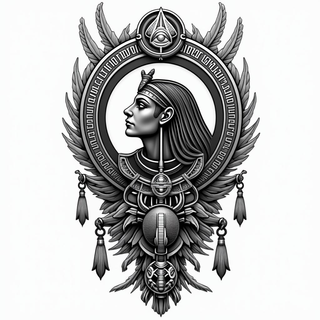 Fighting spiritin egyptian style tattoo, bold elements of ancient egyptian culture including a portrait of an Egyptian pharaoh with detailed facial features, in hieroglyphs and symbolic imagery, eye of horus, ankh symbol, scarab beetle - Variation 4