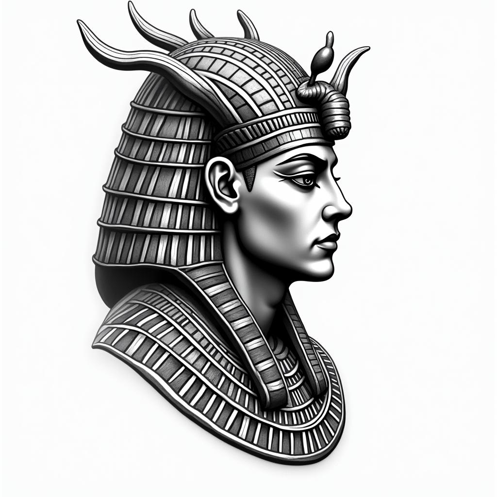 Fighting spiritin egyptian style tattoo, bold elements of ancient egyptian culture including a portrait of an Egyptian pharaoh with detailed facial features, in hieroglyphs and symbolic imagery, eye of horus, ankh symbol, scarab beetle - Variation 3