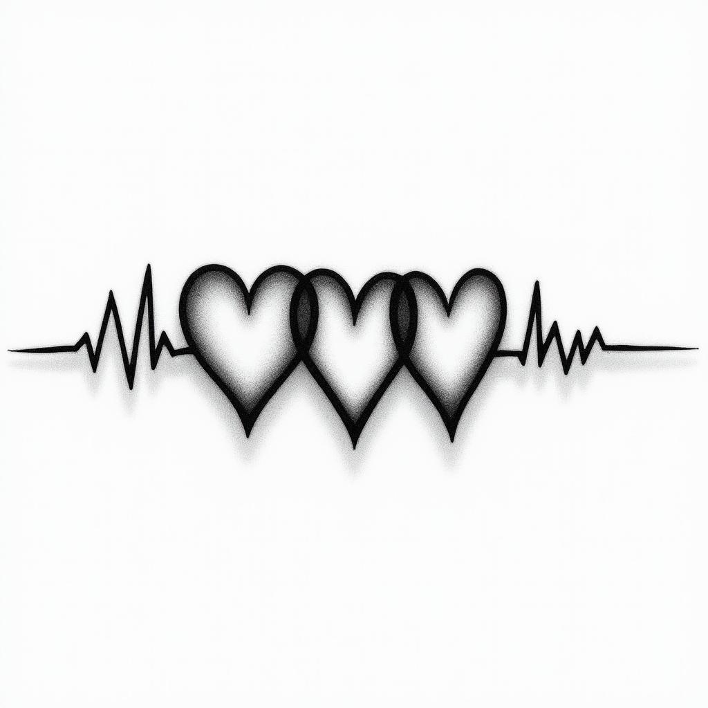 The heartbeat through three hearts drawn horizontally, with the middle heart being slightly larger, and the possibility of writing letters inside them.higly detailed tattoo - Variation 4