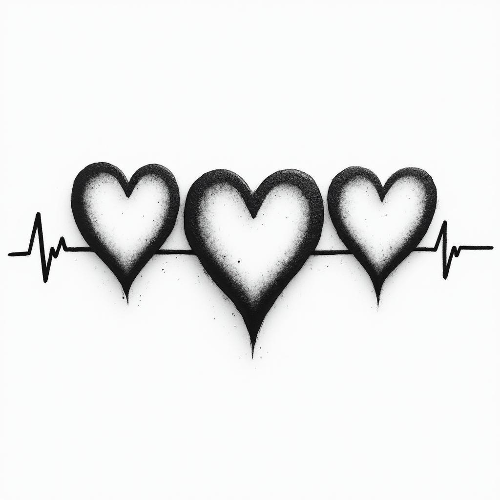 The heartbeat through three hearts drawn horizontally, with the middle heart being slightly larger, and the possibility of writing letters inside them.higly detailed tattoo - Variation 2