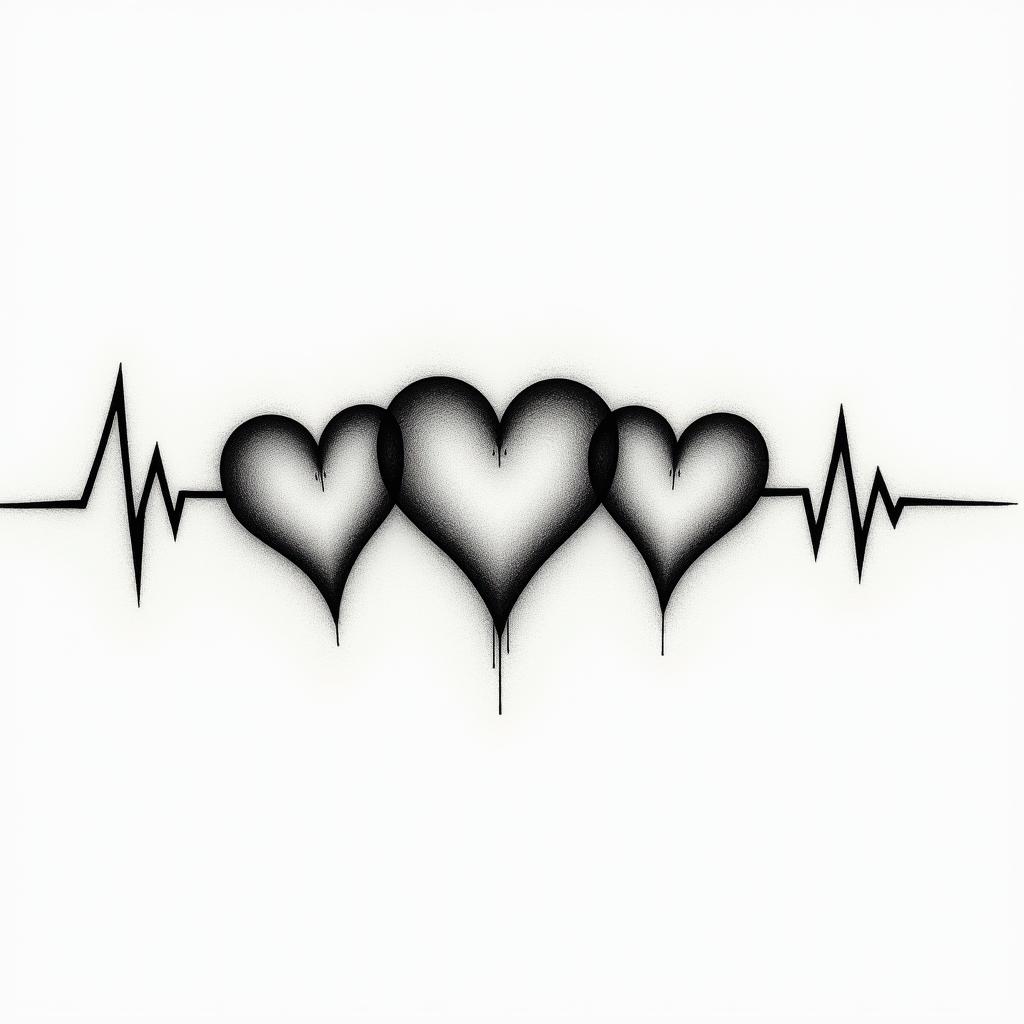 The heartbeat through three hearts drawn horizontally, with the middle heart being slightly larger, and the possibility of writing letters inside them.higly detailed tattoo
