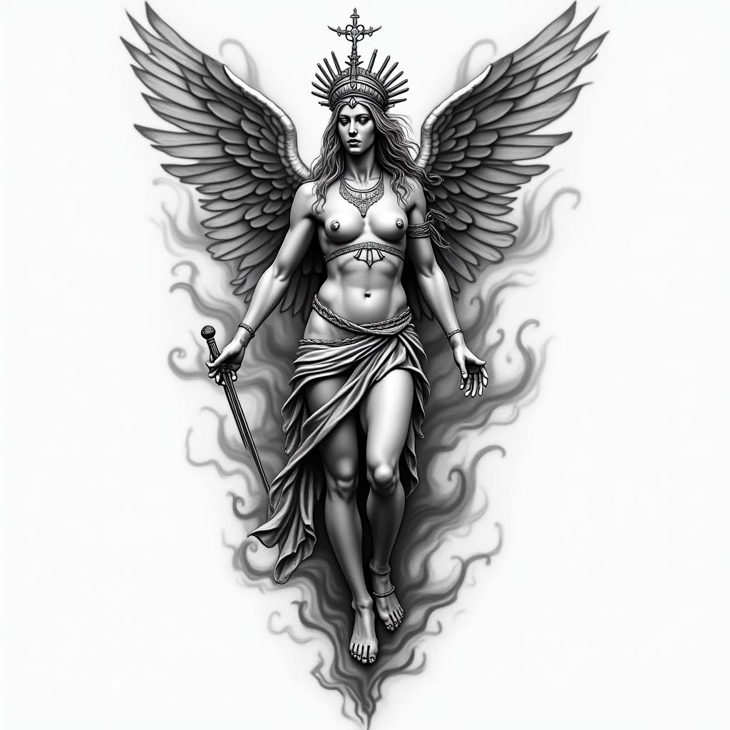 Athena, the goddess of war, firehigly detailed tattoo - Variation 33