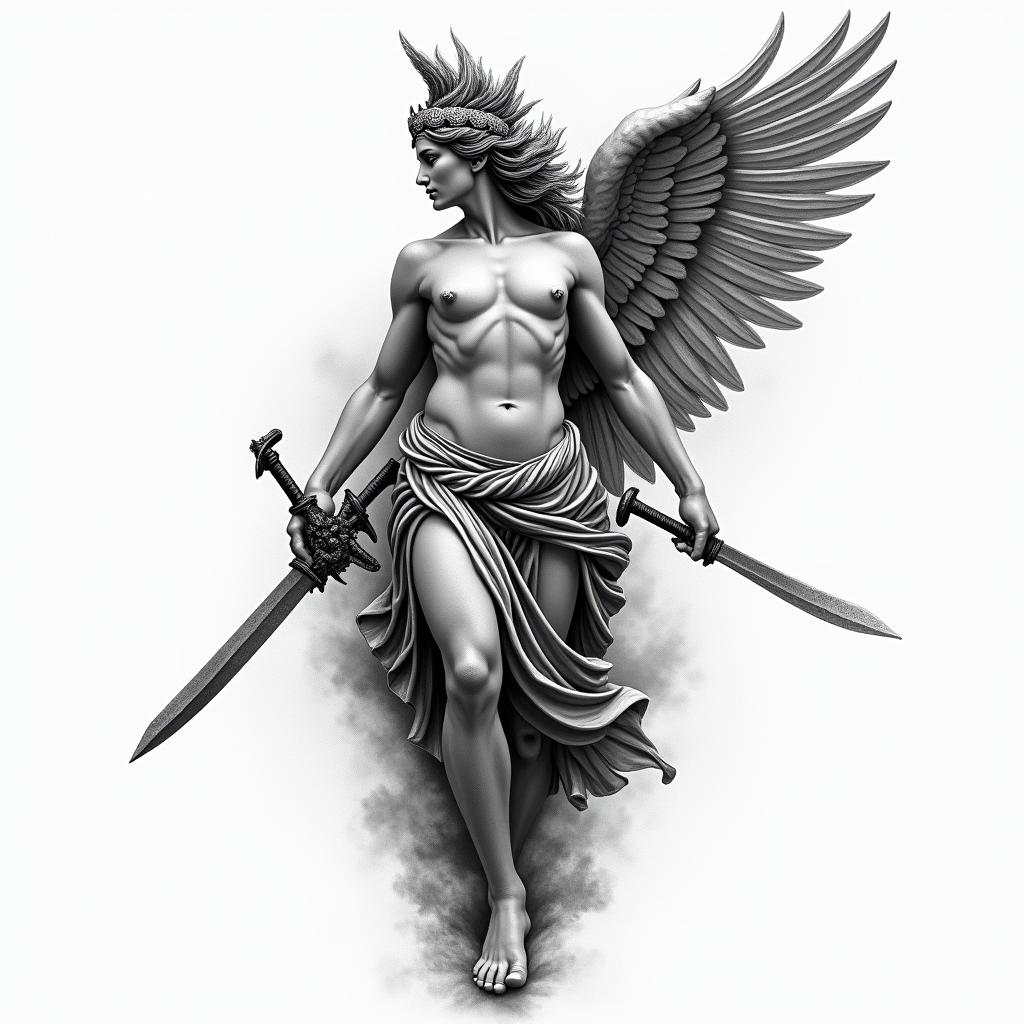 Athena, the goddess of war, firehigly detailed tattoo - Variation 34