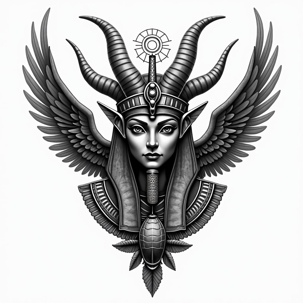 Angles and devilin egyptian style tattoo, bold elements of ancient egyptian culture including a portrait of an Egyptian pharaoh with detailed facial features, in hieroglyphs and symbolic imagery, eye of horus, ankh symbol, scarab beetle - Variation 2