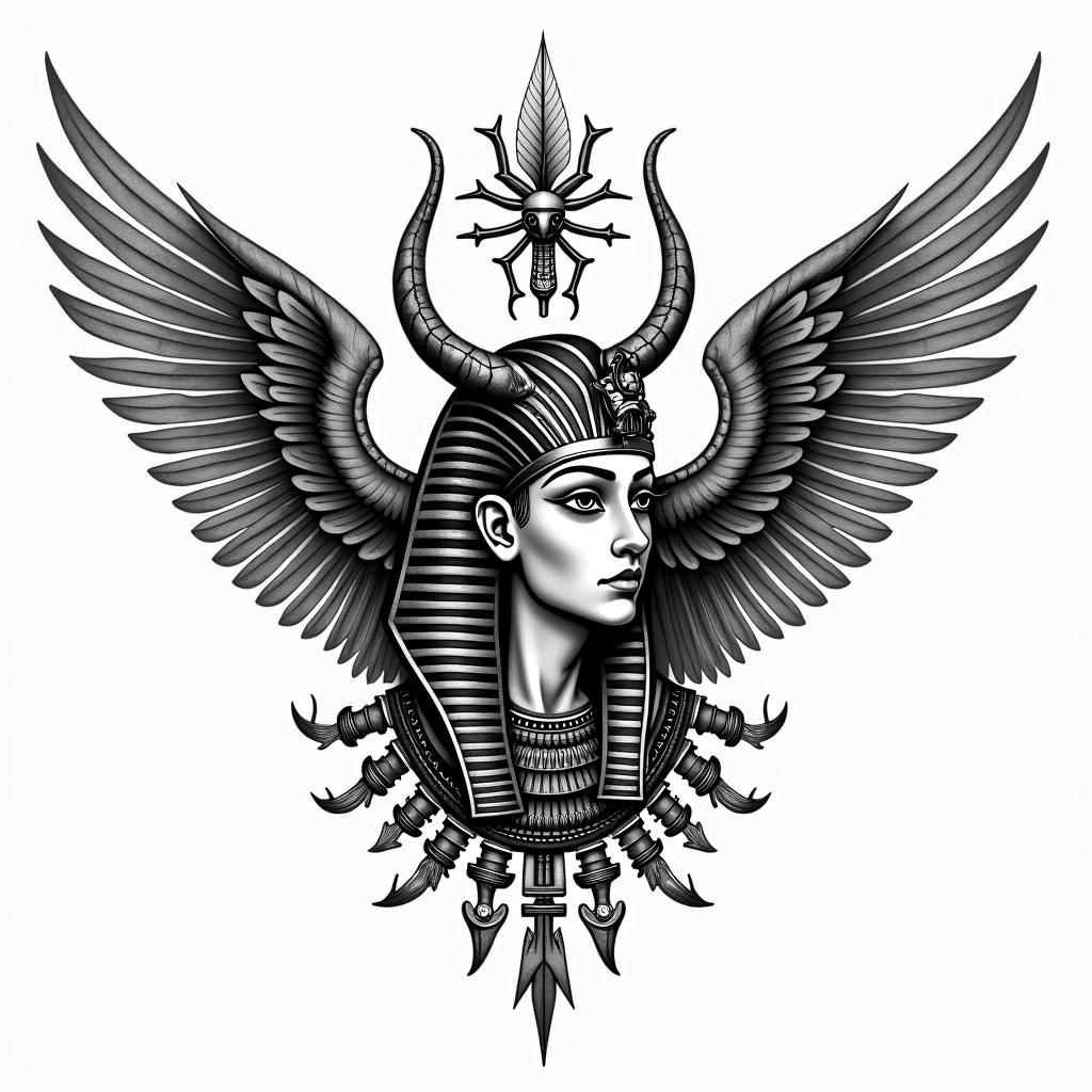 Angles and devilin egyptian style tattoo, bold elements of ancient egyptian culture including a portrait of an Egyptian pharaoh with detailed facial features, in hieroglyphs and symbolic imagery, eye of horus, ankh symbol, scarab beetle - Variation 3